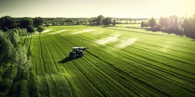 KI-generierte KI-Generative Grünes Feld mit Traktormähdrescher Schöne Bauernhoflandschaftsgrafik