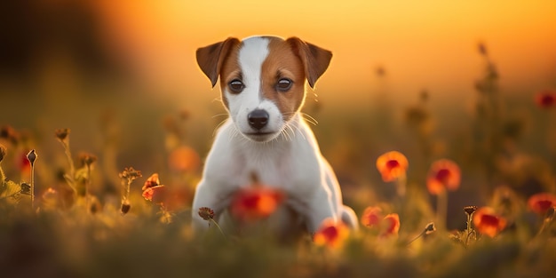 KI-generierte KI-generative Jack-Russell-Terrier-Hund Tier Haustier Freund Säugetier bei Feldblumen