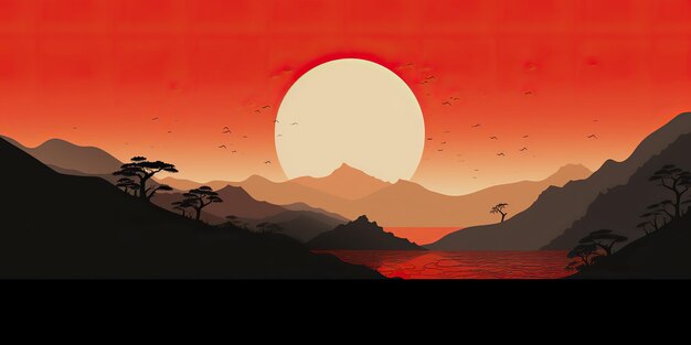 KI-generierte KI-Generative japanische asiatische minimalistische Landschaft Hintergrund Natur im Freien Sonne Berg Sonnenuntergang Sonnenaufgang Urlaub Abenteuer Ansicht Grafik Illustration