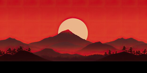 KI-generierte KI-Generative japanische asiatische minimalistische Landschaft Hintergrund Natur im Freien Sonne Berg Sonnenuntergang Sonnenaufgang Urlaub Abenteuer Ansicht Grafik Illustration