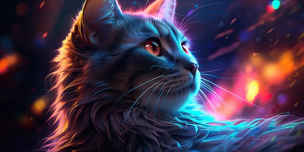 KI-generierte KI-generative Katze sitzt in der Nähe von neonglühendem Licht Porträt Haustier Tiergesicht Cyberpunk-Neon-Stil Grafik-Kunst-Illustration