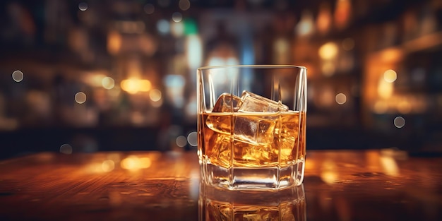 KI-generierte KI-generative Klassische alkoholische Whiskey-Scotch-Getränk im Glas mit Eiswürfeln in einer Bar-Pub