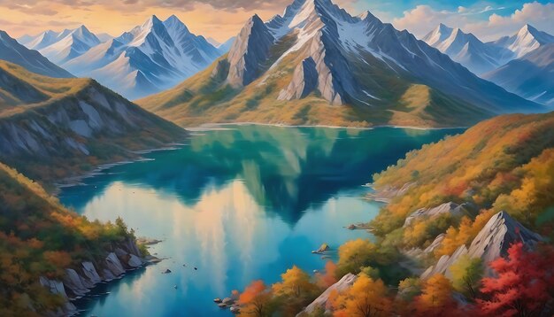 KI-generierte KI-generative Malerei Porträt von Bergen, Seen und Blättern Kunstillustration