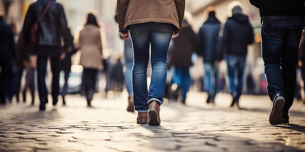 Foto ki-generierte ki-generative menschenmenge, die auf der straße geht, beine in schuhen, urbaner hintergrund der stadt