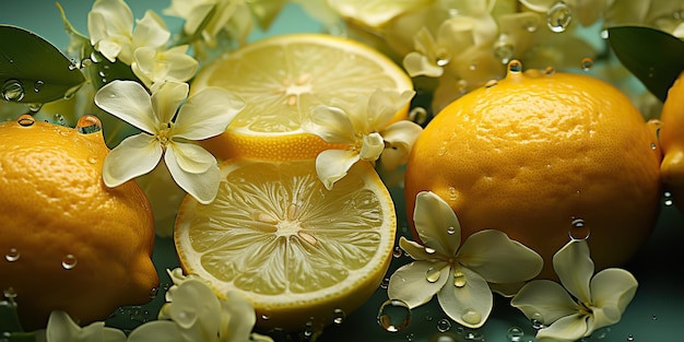 KI-generierte KI-generative Natur Außenblumen mit Zitronen-Zitrusfrüchten und Wasser