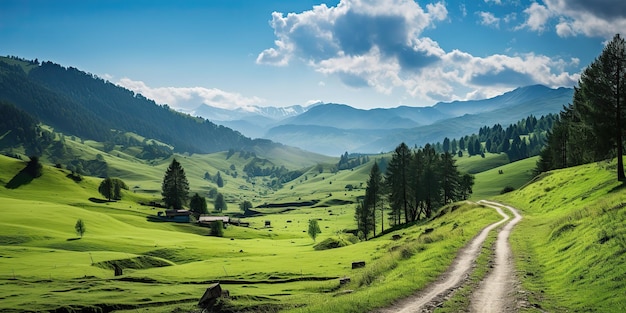 KI-generierte KI-generative Natur im Freien, Landschaftshintergrund mit Hügel, Bergfeld, Wiesenlandschaft und Straße, grafische Illustration