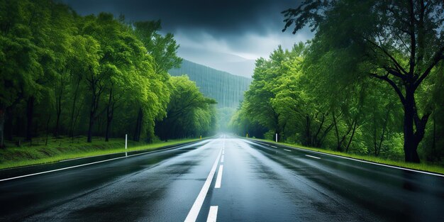 KI-generierte KI-generative Naturlandschaft im Freien, Wald, Baum, Straße, Autobahn, Weg, Landschaft