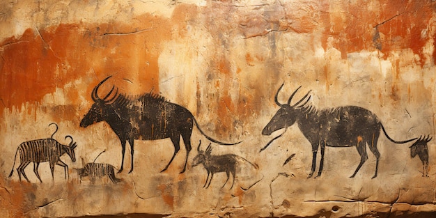 KI-generierte KI-generative Primitive historische Steinhöhlenmauer Zeichnung Kunst von Tieren Jagd Grafische Kunst Illustration