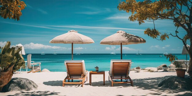Foto ki-generierte ki-generative romantische liebe valentinstag urlaub entspannend zwei stühle sitzen am meer ozean strand sand abenteuer grafik