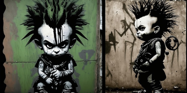 KI-generierte KI-generative Street-Art-Wand-Graffiti, inspiriert vom Banksy-Kid-Punk-Stil