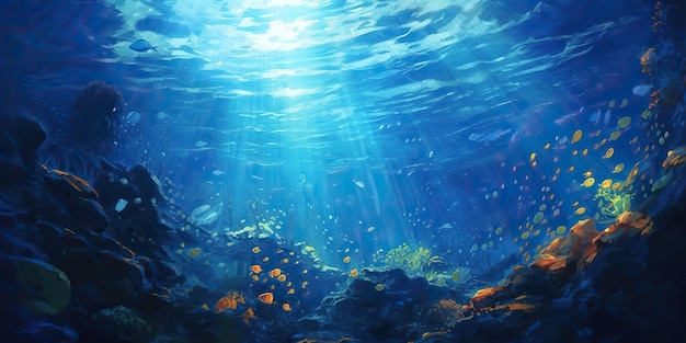 KI-generierte KI-generative Unterwelt unter Wasser, Meer, Ozean, Tauchen, Lebensflora