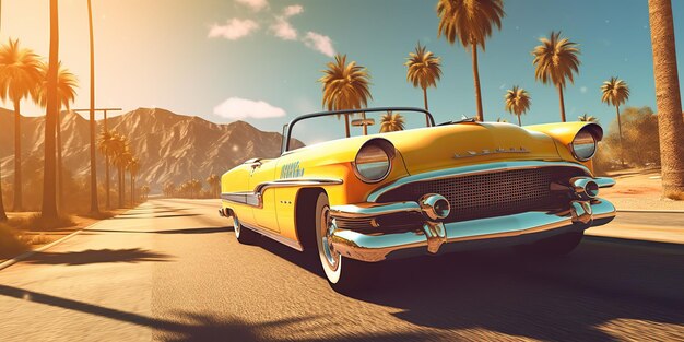 KI-generierte KI-Generative Vintage-Retro-Klassiker Hotrod-Muscle-Auto-Vintage-Retros auf einer California-Road-Trip-Grafik-Art-Illustration