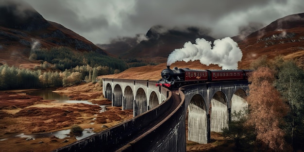 KI-generierte KI-generative Vintage-Retro-Schnellzugbahn fährt in wunderschöner Landschaft auf einer Brücke