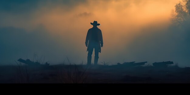 Foto ki-generierte ki-generative wild-west-western-gebürtige amerikanische cowboy-texas-landschaft, abenteuerstimmung, nebel, nebel, morgen, grafikkunst