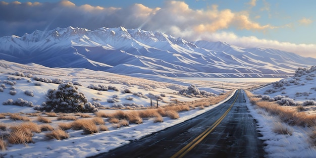 KI-generierte KI-generative Winterschnee schöne Straße Autobahn Berge Landschaft Hintergrund