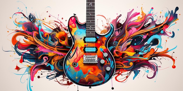 KI-generierte KI-generative Zeichnung, Farbskizze, Aquarell-Musikgitarre mit Farbspritzer