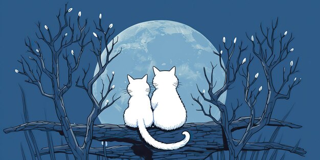 Foto ki-generierte ki-generative zwei katzen sitzen nachts zusammen vor dem mond liebe romantische valentinstag-postkarten-vibe grafik