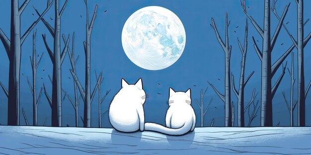 KI-generierte KI-generative Zwei Katzen sitzen nachts zusammen vor dem Mond, romantische Liebe