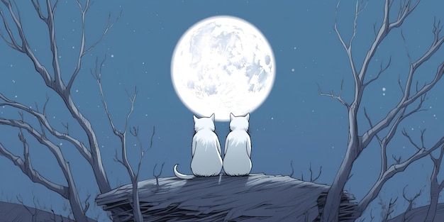 KI-generierte KI-generative Zwei Katzen sitzen nachts zusammen vor dem Mond, romantische Liebe