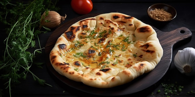 KI-generierte KI-generatives indisches traditionelles Essen, frisch gebackenes Knoblauch-Naan-Brot