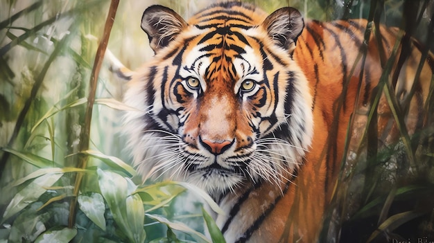 KI-generierte majestätische Tiger in hyperrealistischen Aquarell-Kunstwerken komplizierte Muster durchbohrende Augen und...