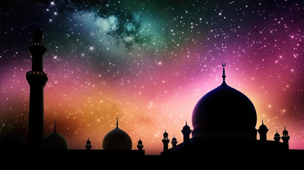 KI-generierte Moschee vor dem farbenfrohen Sternenhimmelhintergrund