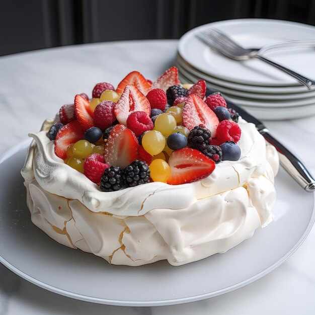 KI generierte Pavlova-Torte mit Sahne und Früchten