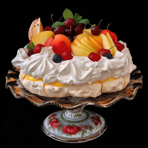 KI generierte Pavlova-Torte mit Sahne und Früchten