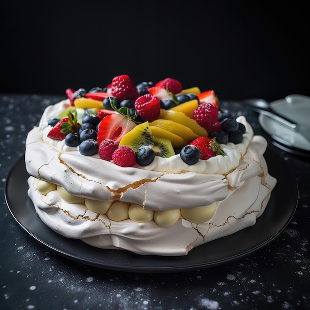 KI generierte Pavlova-Torte mit Sahne und Früchten