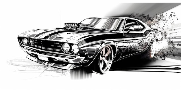 KI generierte realistische Cartoon-Illustration eines Sportwagen-Muscle-Car-Mustangs im Vintage-Retro-Stil
