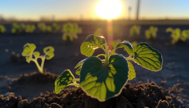 KI-generierte Sämlinge wachsen aus Erde, in der die Morgensonne scheint