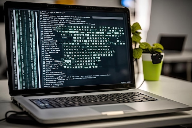 KI-generierter Hacker-Laptop mit binärem Computercode Internet- und Netzwerksicherheit