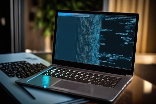 KI-generierter Hacker-Laptop mit binärem Computercode Internet- und Netzwerksicherheit