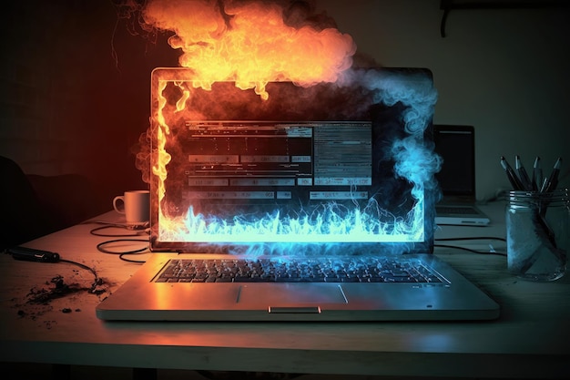 KI-generierter Hacker-Laptop mit feuerbinärem Computercode Internet- und Netzwerksicherheit