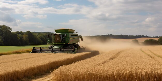 KI-generierter KI-Generative-Harvester-Mähdrescher bei Sonnenuntergang, Feld der Weizengetreidepflanze, Landwirt, inspirierende Außenstimmung, Grafikkunst