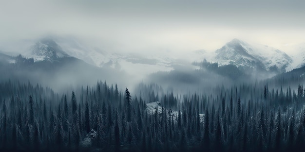 KI-generierter KI-generativer Nebel, magische verschneite Bergkette mit Waldnebel am Morgen