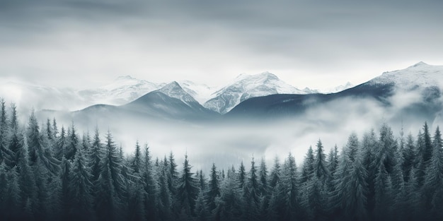 KI-generierter KI-generativer Nebel, magische verschneite Bergkette mit Waldnebel am Morgen