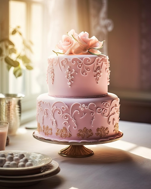 Foto ki-generierter kuchen mit rosa creme und spitze auf einem vintage-tablett