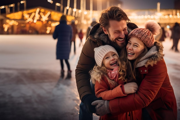 KI-generiertes Bild einer glücklichen Familie auf dem Eisring. Hochwertiges Foto