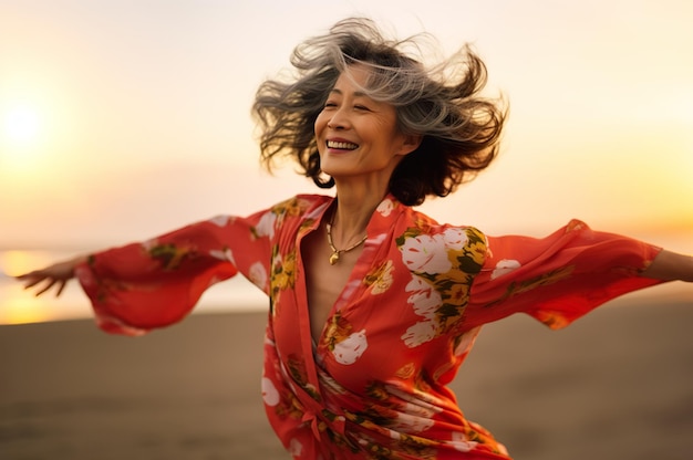 KI-generiertes Bild einer glücklichen reifen Frau am Strand Hochwertigkeitsfoto