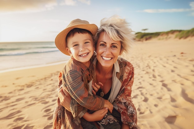 KI-generiertes Bild einer Großmutter mit Enkelkindern am Strand. Hochwertiges Foto