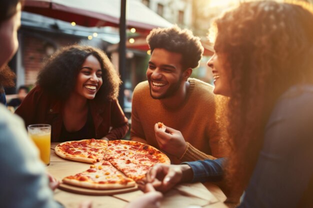 KI-generiertes Bild einer Gruppe von Freunden, die Pizza essen