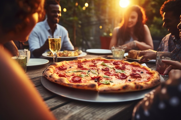 KI-generiertes Bild einer Gruppe von Freunden, die Pizza essen
