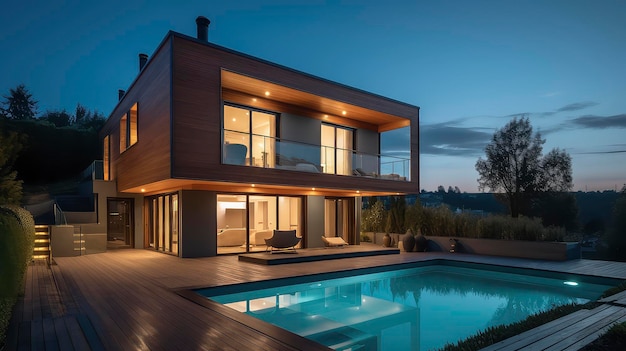 KI-generiertes Bild einer Luxusvilla mit Swimmingpool während der blauen Stunde