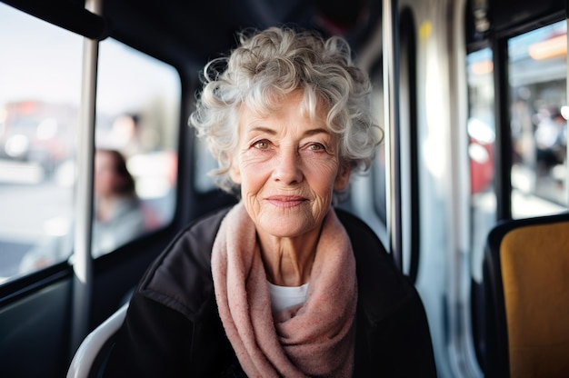 KI-generiertes Bild einer reifen Seniorin im Bus. Hochwertiges Foto