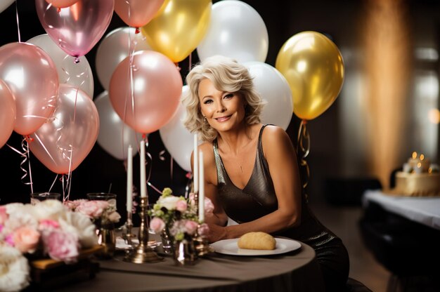 KI-generiertes Bild einer reifen Seniorin mit Luftballon und Kuchen. Hochwertiges Foto