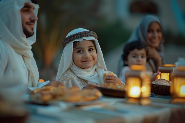 Foto ki-generiertes bild eines arabischen mädchens, das am tisch mit seiner familie das fasten bricht