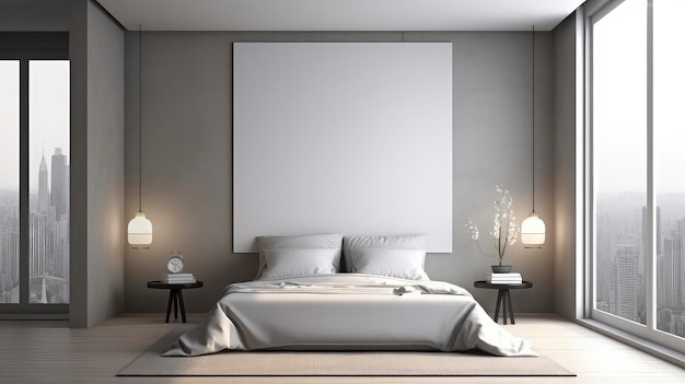 KI-generiertes Bild eines einfachen Schlafzimmer-Innendesigns mit einem Mockup-Rahmen