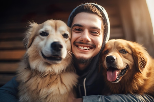 KI-generiertes Bild eines glücklichen Mannes mit Hunden