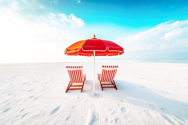 KI-generiertes Bild eines perfekten Strandes mit Sonnenliegen